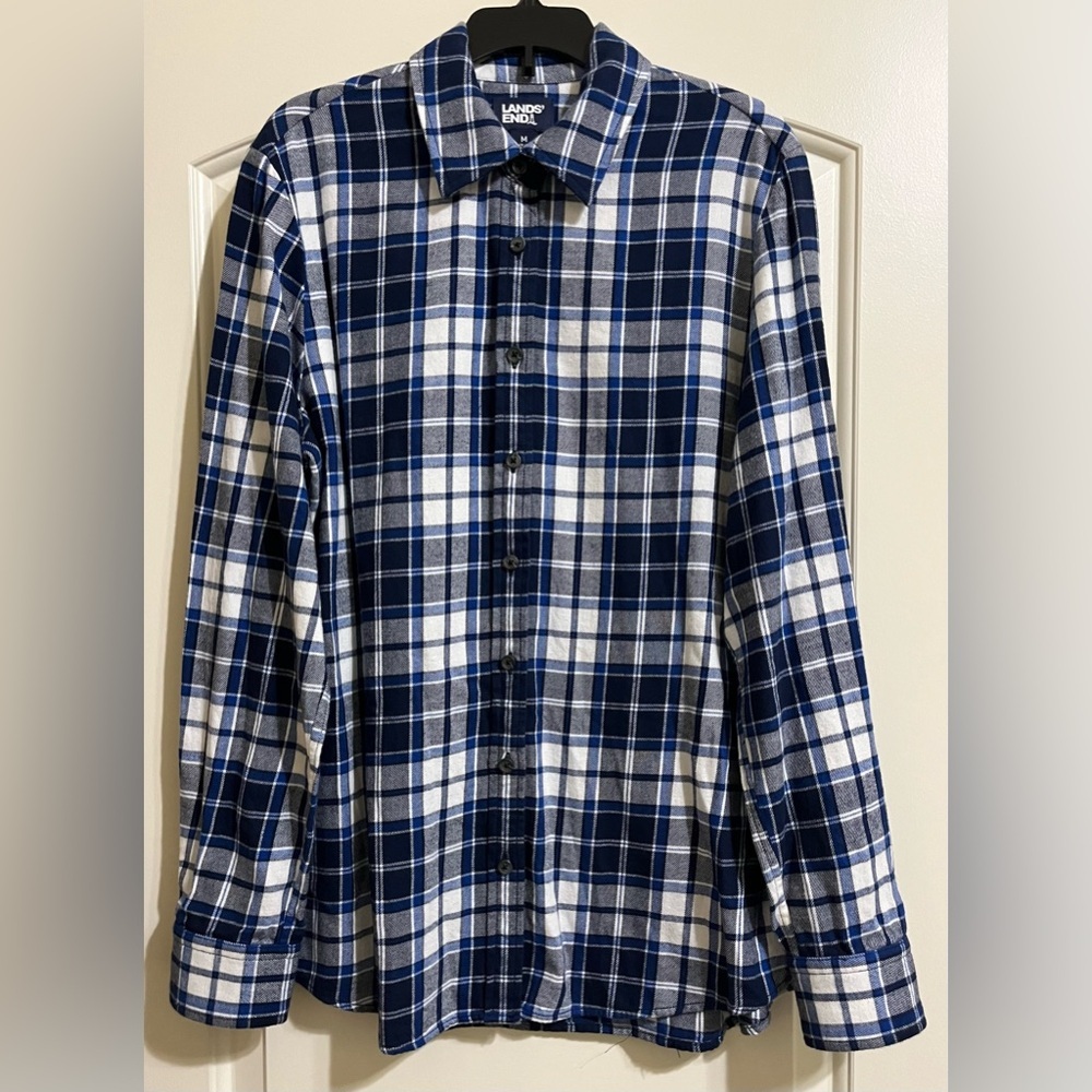 Lands' End Women’s Navy Blue White Plaid Flannel Button Down Shirt Size Medium
